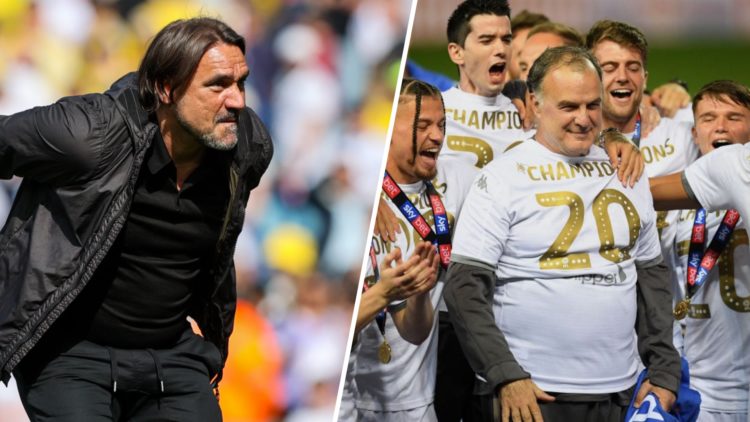 Split image: Daniel Farke waves with Leeds fans (L) Marcelo Bielsa celebrates Leeds Championship title win in 2020.