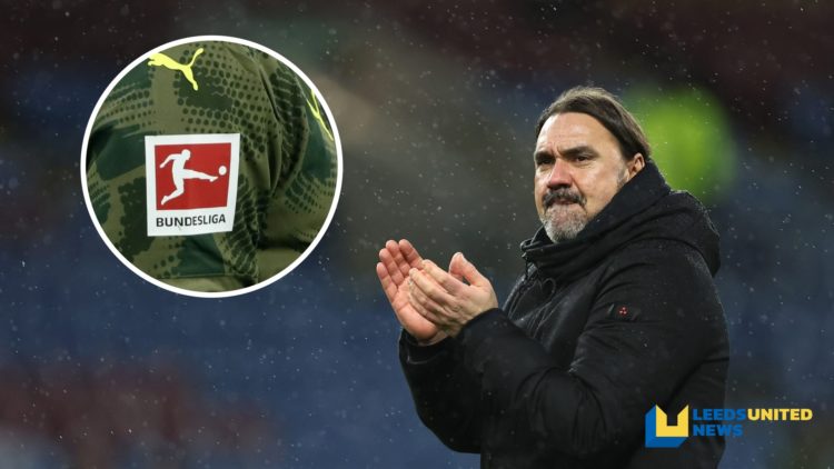 Leeds United manager Daniel Farke applauds the supporters. Inset a picture of the Bundesliga official logo on the side of a player's shirt.