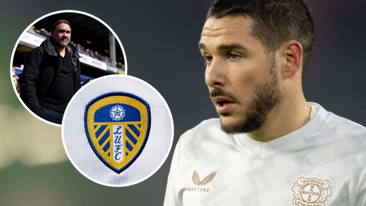 Close up image of Emi Buendia. Insets: Daniel Farke and Leeds Untied badge.