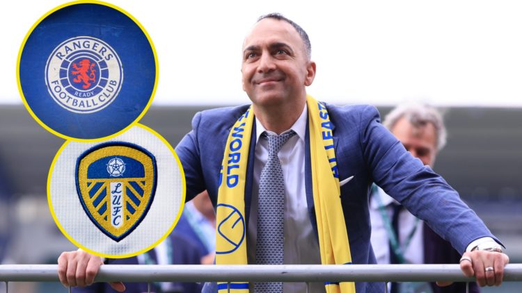 Leeds United chairman Paraag Marathe in 2025. Inset, Leeds United badge. Inset, Rangers badge.