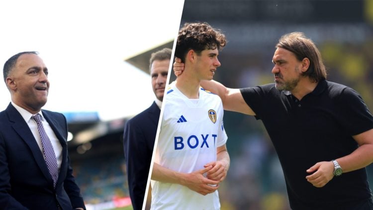 Split image of Leeds United Chairman Paraag Marathe looking over at Daniel Farke comforting Archie Gray after defeat to Southampton at Wembley in t...