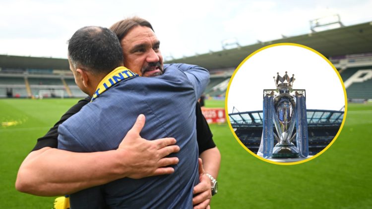 Daniel Farke hugs Paraag Marathe at Plymouth Argyle. Inset: Premier League trophy.