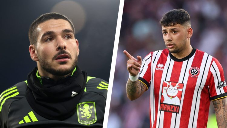Split image of Emi Buendia warming up before a game for Aston Villa, and Sheffield United midfielder Gustavo Hamer during a game.