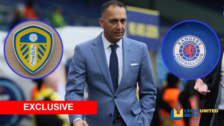 Leeds United Chairman Paraag Marathe of 49ers Enterprises with Leeds United badge inset and Rangers FC badge inset