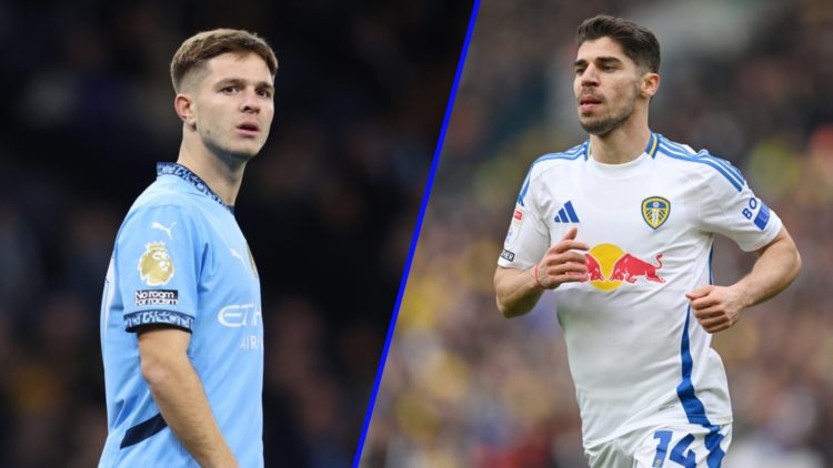 Split image: Manchester City star James McAtee (L). Manor Solomon in action for Leeds United (R).
