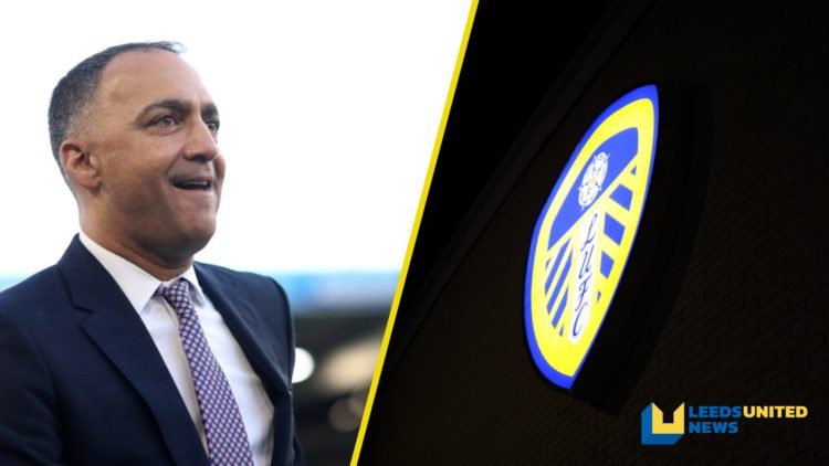 Split image of Leeds United chairman Paraag Marathe in 2025 and the Leeds United badge on Elland Road.