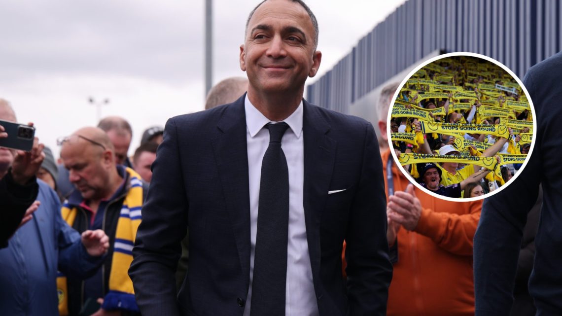 Leeds United chairman Paraag Marathe walking with a smile. Inset: Leeds United fans hold scarves.