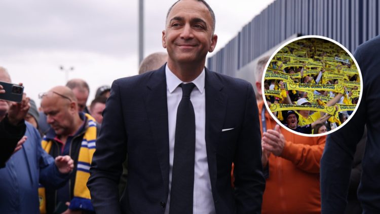 Leeds United chairman Paraag Marathe walking with a smile. Inset: Leeds United fans hold scarves.