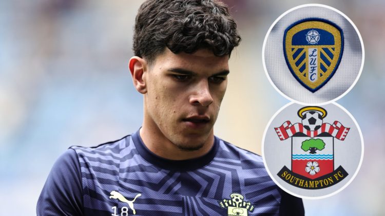 Southampton midfielder Mateus Fernandes. Inset, Leeds United badge. Inset, Southampton badge.