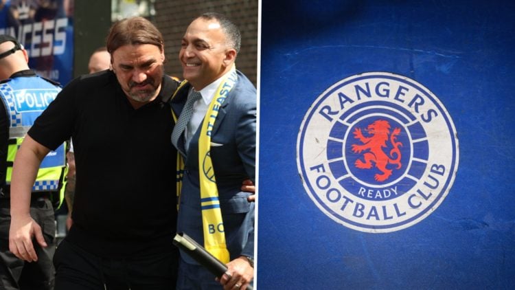 Split image of Leeds United chairman Paraag Marathe with Leeds manager Daniel Farke and Rangers badge.