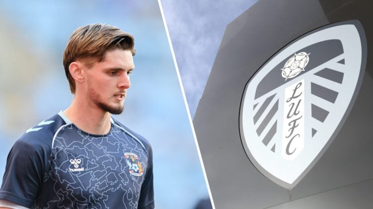 Split image of Coventry City player Jack Rudoni in 2025 and the Leeds United badge on Elland Road.