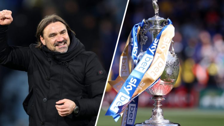 Split image: Leeds United manager Daniel Farke smiling (L). The Championship trophy (R).