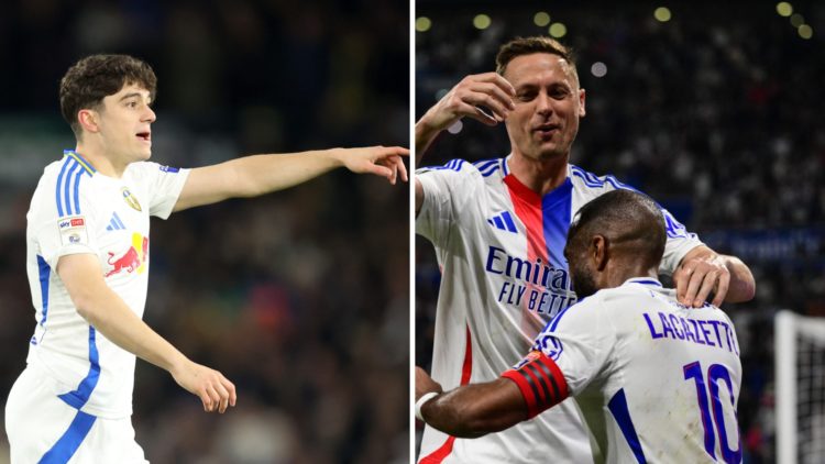Nemanja Matic celebrates a goal with Lyon and Dan James in action for Leeds.