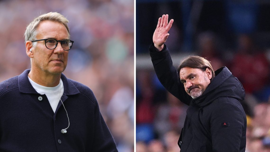 Daniel Farke waves to the Leeds fans as Paul Merson looks on while working as a pundit.