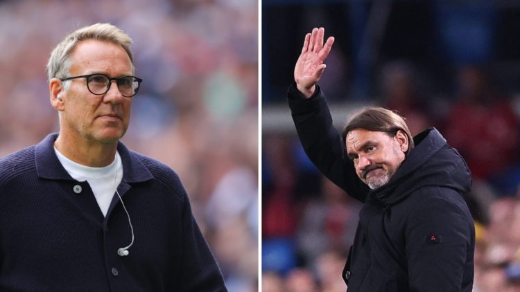 Daniel Farke waves to the Leeds fans as Paul Merson looks on while working as a pundit.