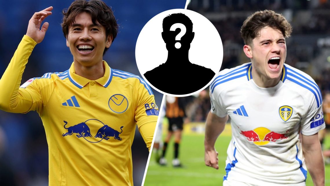 Split image: Ao Tanaka smiling (L). Dan James celebrates a goal (R). Inset: Mystery figure.