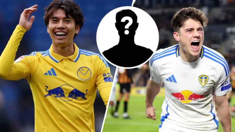 Split image: Ao Tanaka smiling (L). Dan James celebrates a goal (R). Inset: Mystery figure.