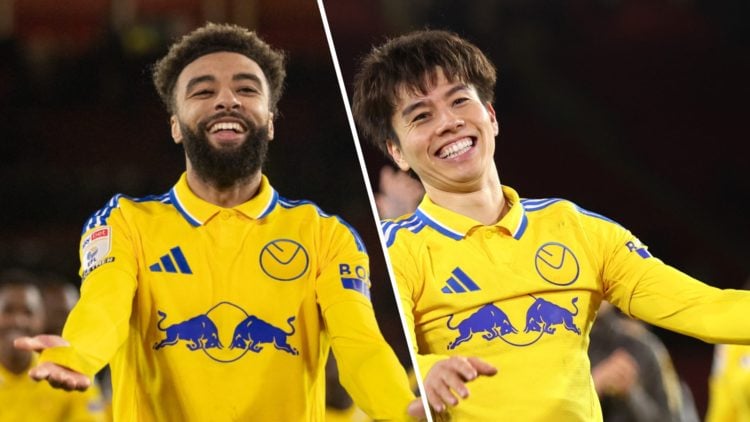 Split image: Jayden Bogle celebrates in front of Leeds United fans (L). Ao Tanaka smiling (R).