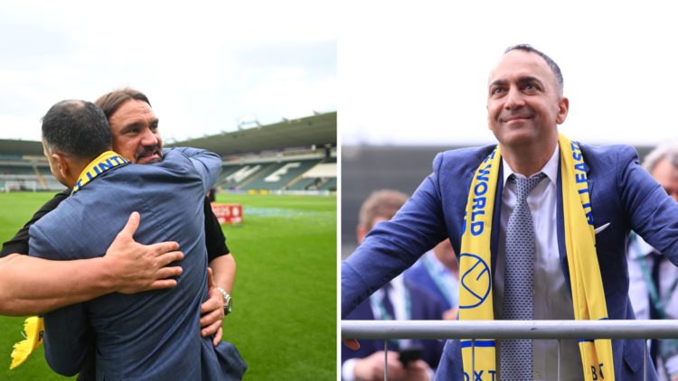 Daniel Farke and Paraag Marathe embrace before Marathe looks on at Leeds fans.