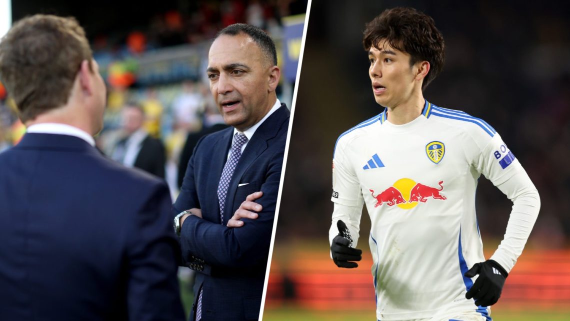 Split image of Leeds United owner Paraag Marathe at Elland Road and Leeds United midfielder Ao Tanaka in 2025.