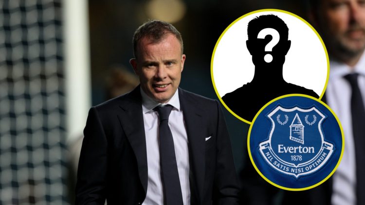 Leeds United CEO Angus Kinnear in 2020. Inset, Everton badge. Inset, LUN Mystery Player Icon.