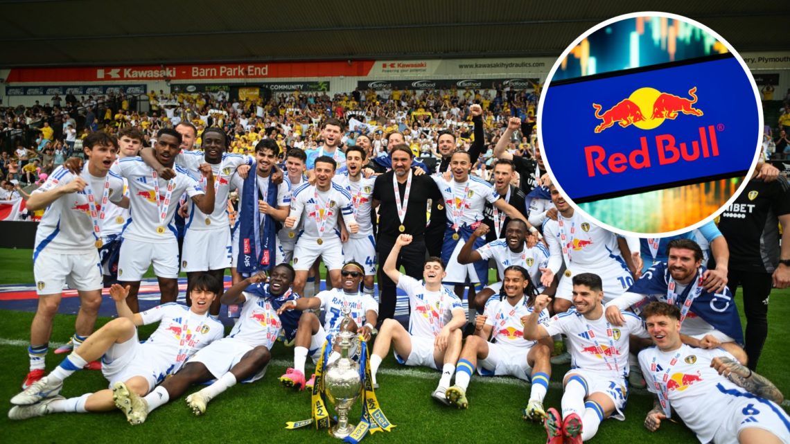 Daniel Farke and the whole Leeds United squad after winning the Championship. Inset, RedBull logo on a phone.