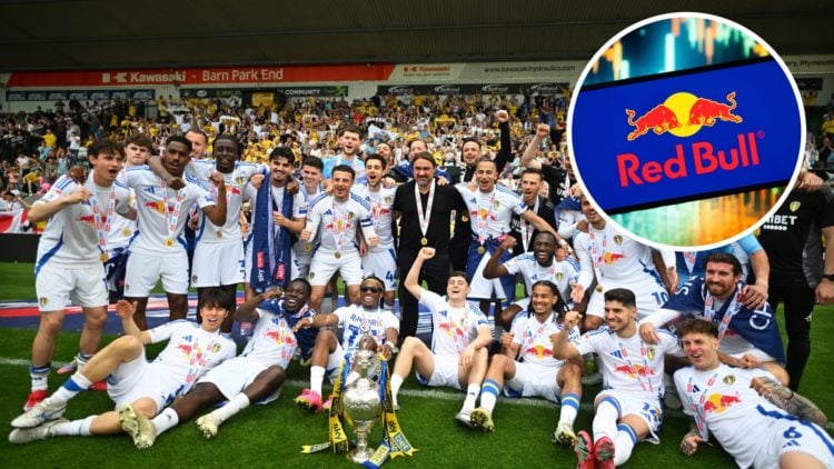 Daniel Farke and the whole Leeds United squad after winning the Championship. Inset, RedBull logo on a phone.