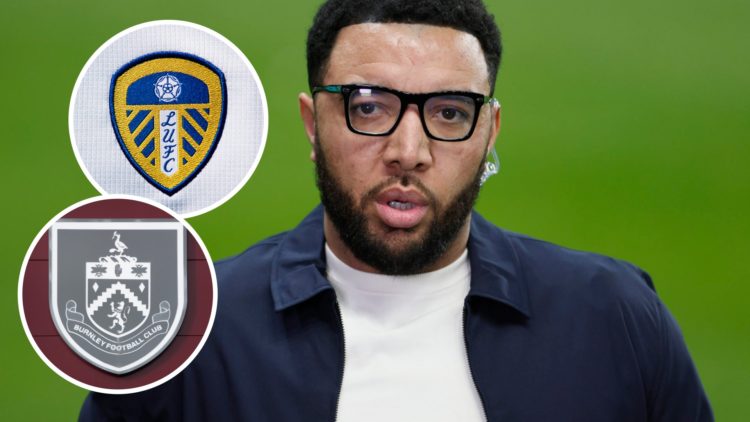 Pundit and former Watford striker Troy Deeny. Inset, Leeds United badge. Inset, Burnley badge.