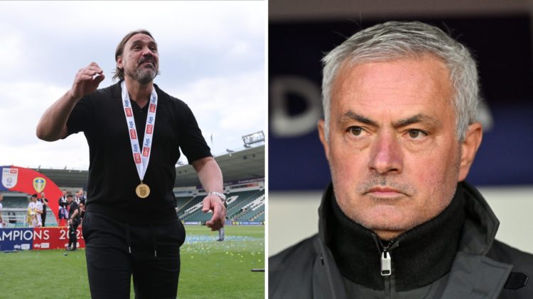 Daniel Farke celebrates winning the Championship title at Leeds as Jose Mourinho looks on.