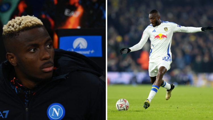Victor Osimhen looks on during his Napoli days with Josuha Guilavogui in action for Leeds.