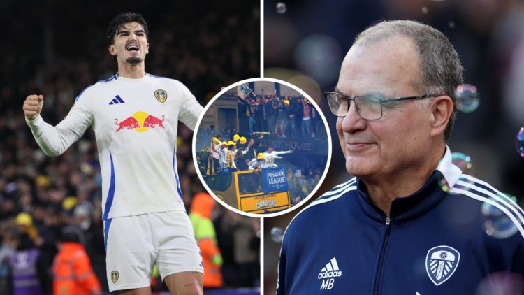 Split image of Leeds United player Pascal Struijk and former Leeds manager Marcelo Bielsa in 2022. Inset, Leeds' Championship title parade.