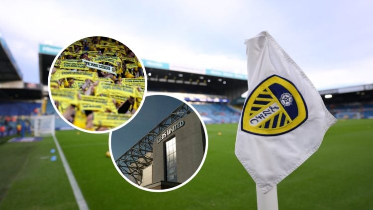 Collage image: Leeds United badge on a corner flag at Elland Road. Insets: Leeds United fans hold yellow scarfs and Elland Road exterior.