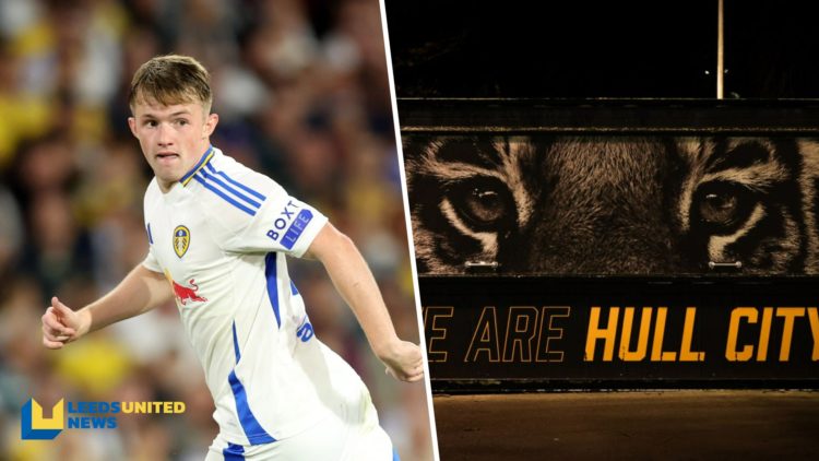 Split image of striker Joe Gelhardt playing for Leeds United, and a Hull City mural reading 'We Are Hull City'.