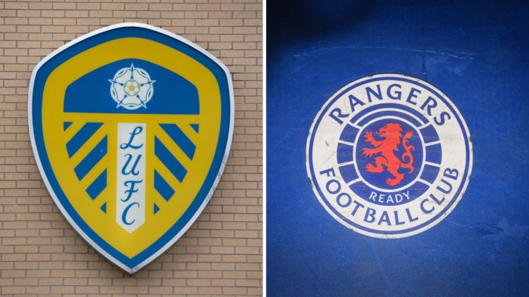 The Leeds United badge alongside the Rangers badge, as The 49ers close in on a deal for the latter.