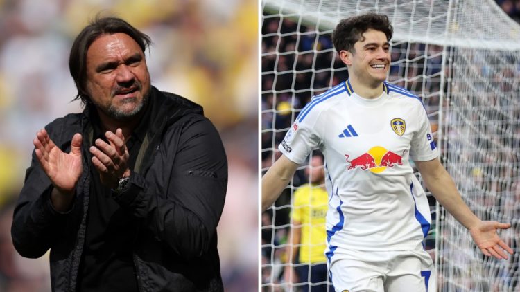 Daniel Farke applauds Leeds fans as Dan James celebrates after scoring.