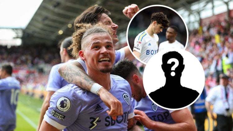 Kalvin Phillips celebrates a goal at Leeds United. Insets: Archie Gray with his head down, a mystery figure.