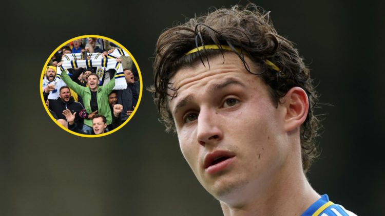 Brenden Aaronson's face zoomed in. Insets: Leeds United fan celebrates holding a scarf.