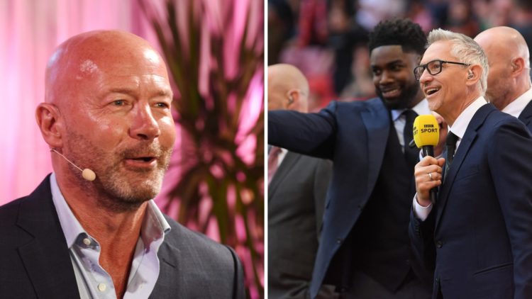 Gary Lineker and Micah Richards point something out as Alan Shearer does some TV work.