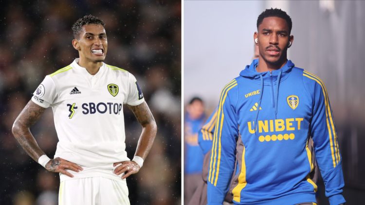 Junior Firpo ahead of a Leeds game and Raphinha during his Elland Road stint.