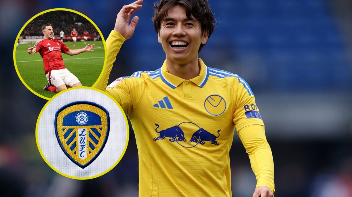 Ao Tanaka playing for Leeds United. Inset, Nottingham Forest striker Chris Wood celebrating. Inset, Leeds United badge.