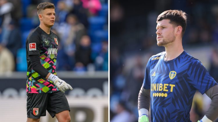 Finn Dahmen in action for Augsburg while Illan Meslier warms up for Leeds United.