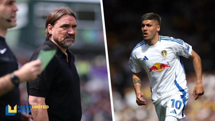 Split image of Leeds United manager Daniel Farke and Leeds United striker Joel Piroe during a game.