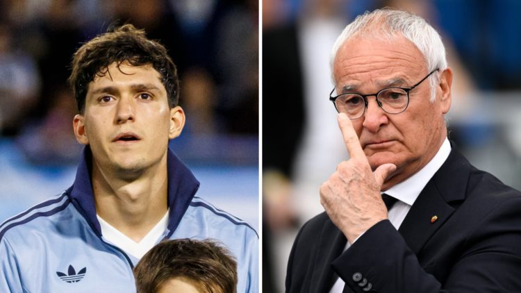Leonardo Balerdi ahead of a game and Claudio Ranieri looks on as Roma manager.