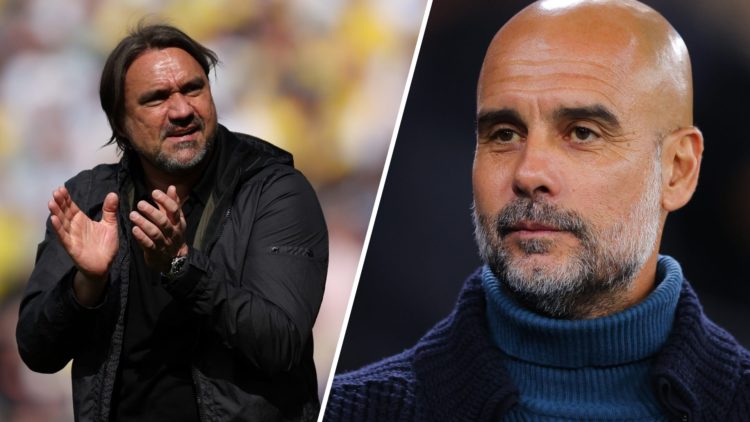 Split image: Daniel Farke applauds Leeds United fans (L) and Pep Guardiola (R).