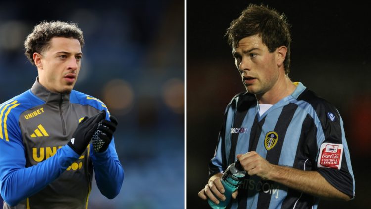 Ethan Ampadu ahead of a Leeds game this season and Ben Parker during his Leeds playing days.