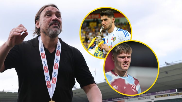 Daniel Farke celebrates Leeds United's title win wearing a medal. Insets: Manor Solomon kisses the Championship trophy and Evan Ferguson.