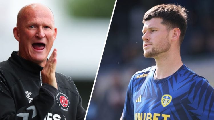 Split image: Simon Grayson clapping on the touchline while in charge of Fleetwood (L). Leeds United goalkeeper Illan Meslier (R).