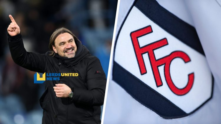 Split image of Leeds United manager Daniel Farke celebrating, and the official Fulham FC club badge.