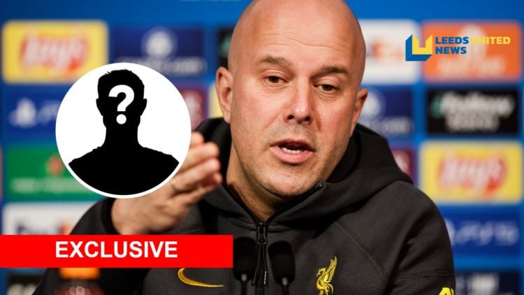 An exclusive Leeds United News image of Liverpool manager Arne Slot during a press conference. Inset a picture of a mystery player.