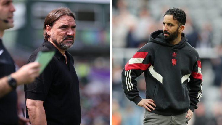 Daniel Farke watches a Leeds game as Ruben Amorim looks on after a Man United match.